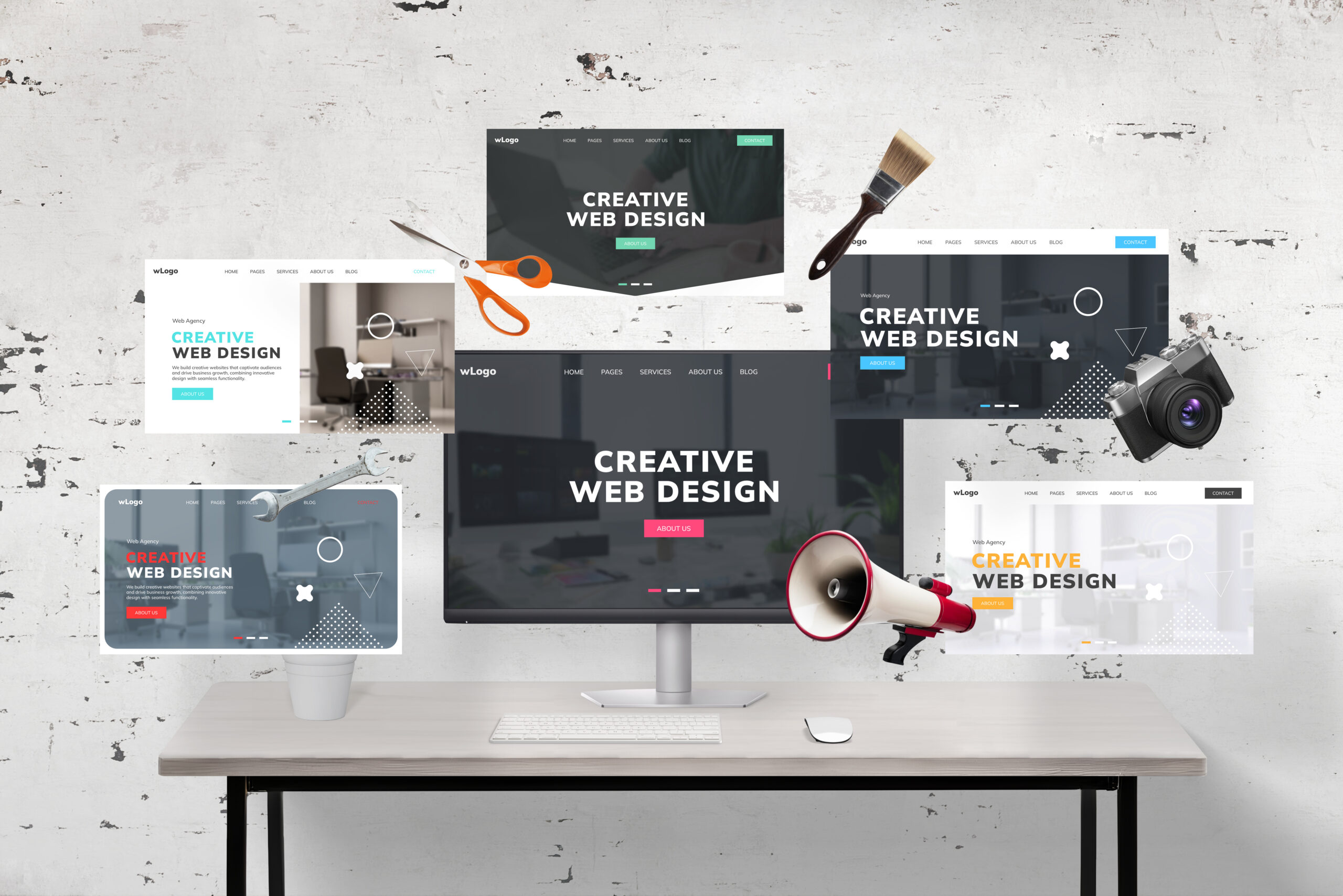 web-pages-flying-around-web-designers-desk-computer-display-featuring-agency-web-page-presentation-includes-web-designer-tools-megaphone-wrench-key-photo-camera-scissors-brush